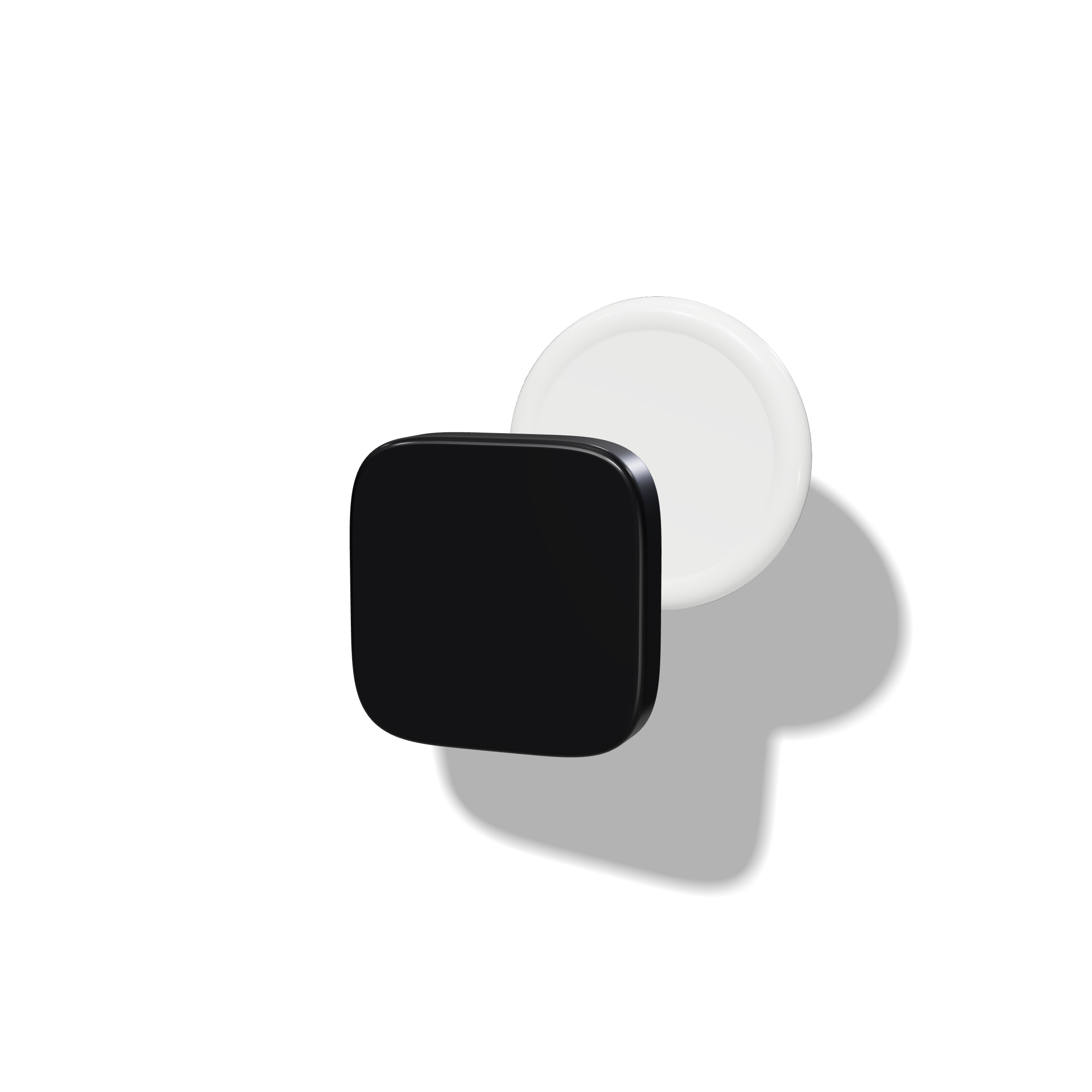 AppBacked mark in 3D: a glossy black app tile with a white coin rising behind it